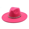 Close-up of rose red wool felt fedora with sparkling rhinestone band and gold logo detail - M (56-58cm) / Rose Red