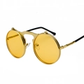 Steampunk flip-up round sunglasses with gold metal frame and yellow tinted lenses - Gold Frame Ocean Yellow Lenses (C12)
