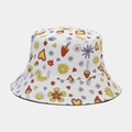 Close-up of white sun hat featuring colorful hand-drawn mushroom and flower patterns - White (Printed)