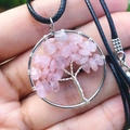 Handmade tree of life necklace with silver wire and pink crystal stones pendant - Rose Quartz