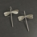 Detail of vintage silver dragonfly earrings with hammered wings on matte dark background - Earrings D (Bright Silver Hammered Dragonfly Hook)
