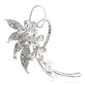 Silver leaf flower brooch with crystals and a white pearl on white background - White Flower