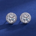 Pair of silver S925 sterling silver halo stud earrings with round moissanite and zircons - Round Stud Earrings [1 Carat] Led-01