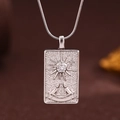 Silver square tarot card necklace with sun star relief and zircon on snake chain - Silver (X6062SY)