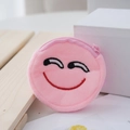 Pink round plush coin purse with embroidered smiley face and secure zipper closure - Light Pink