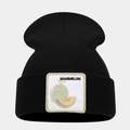 Close-up of the black knitted beanie with a rectangular Hami melon embroidery patch - Hamimelon Pattern