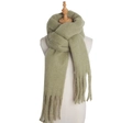 Plush olive green mohair scarf with fringe tassels shown on a white mannequin - Army Green