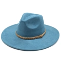 Elegante cappello fedora blu a tesa larga con fascia intrecciata marrone in similpelle - M(56-59CM) / Blu Pavone (Scamosciato)
