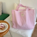 Pink and white striped canvas tote bag with double handles and a fabric text patch - Vertical Striped Pink (Open Style)