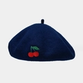 Classic dark blue wool beret featuring cherry embroidery for stylish autumn winter warmth - One Size / Navy Blue