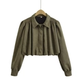 Armeegrüne kurze Wildlederjacke mit Puffärmeln und Reverskragen für Damen - S / Olivgrün