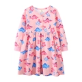 Pink long sleeve girls' dress with colorful dinosaur and floral prints and round neck - 3T / Pink