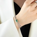 Double-layered silver chain bracelet with rectangular emerald green gemstone insert - Steel Color Green Zircon Bracelet