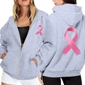 Grey breast cancer awareness zip up hoodie with pink ribbon prints on front and back - S / Light Gray