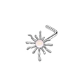 Silver L-shaped nose stud with pink opal center in a sunburst pattern design - Sunburst Opal Style (#2)