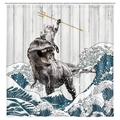 Funny shower curtain with a cat riding a T-Rex on great wave over wood background - Cat Riding T-Rex M2329