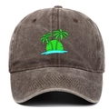 Close-up front view of brown washed cotton baseball cap with palm tree embroidery - Coffee