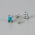 Detailed view of silver screw earrings with rectangular green stones and ball backs - Rectangular Screw Back / Turquoise Silver Color