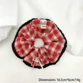 Red and white checkered large scrunchie with black lace trim and pearl bow accent - T110 Red Plaid Black Fringe