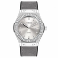 Montre à quartz classique en argent avec lunette en strass et bracelet en daim gris - Boîtier Argent Bracelet en Cuir Gris