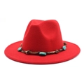 Close-up of ethnic braided band with turquoise stones on red wool fedora hat - M (56-58cm) / Red