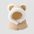 Detail of kids hooded winter hat with cute bear ears and plush faux fur lining - 54cm (3-8 Years) / Khaki
