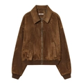 Chaqueta bomber para mujer en ante sintético marrón oscuro con cuello retro y puños - XS / Camel