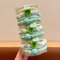 Elastic hair tie set in light green with heart and bead charms in a clear storage jar - 15-Piece Set (With Storage Box) / Green