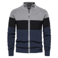 Detail of color-block knit cardigan with ribbed cuffs and high-quality metal zipper - S / Grey