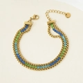 Multilayer gold stainless steel bracelet with three-row colorful rhinestones - Stainless Steel / Blue/Green