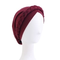 Detail of wine red turban cap featuring elastic fabric and braided twist design - One Size / Wine Red