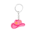 Pink cowboy hat keychain with yellow star pattern and silver metal ring accessory - Cowboy Hat