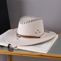 Beige wool felt western cowboy hat with black blanket stitch and concho detail - Adult (55-60cm) / White