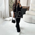 Conjunto de punto negro para mujer con ribetes blancos, cárdigan y pantalón casual - XS / Top Y Pantalón / Negro