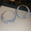 Large silver hoop earrings with pavé white crystals in a textured geometric woven design - 35# Silver Needle-Silver-Rhinestone Moon-Large Hoop