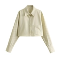 Women's light yellow striped cropped long sleeve button-up shirt in a structured fit - S / Beige