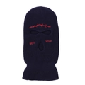 Detail of navy blue balaclava with red Not Nice text and thorn pattern embroidery - One Size / Navy Blue