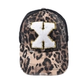 Streetwear leopard print baseball cap with white towel embroidered letter X and mesh back - Letter X (Black Leopard)