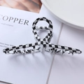Detailed close-up of a black and white checkered hair claw clip with cross teeth design - 5# Black and White Plaid Metal Claw Clip