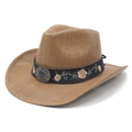 Western straw cowboy hat with rose embroidery and vintage turquoise metal badge decoration - M (56-58cm) / Khaki