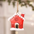 Detail of a red resin Christmas house ornament with snow textures and a rustic twine loop - Style L: Snow House