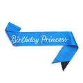 Detail of blue glitter fabric sash with white Birthday Princess calligraphy print - Dark Blue