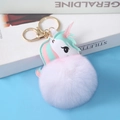 Detail of pink faux fur pompom keychain with a colorful PU leather unicorn charm - Light Gold 4-Link Lobster Clasp / 8cm White Unicorn