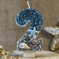 Blue ocean theme birthday candle number 2 with silver glitter starfish and seashells - Number 2