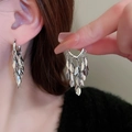 Silver metallic leaf tassel hoop earrings with minimalist wheat ear design for women - Style 2# Hoop / Silver