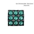 Set of 9 olive green 6cm Christmas balls in decorative gift box with dimensions shown - Olive Green