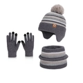 Set invernale bimbo con cappello a pompon grigio, sciarpa a righe e guanti touch - Grigio
