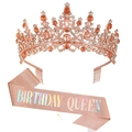 Set mit Geburtstagskönigin-Schärpe in Roségold und Strass-Krone für die Geburtstagsparty - Kamm Champagner Krone + Roségold Holografische Queen Schärpe Set