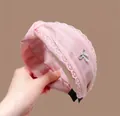 Pink satin wide headband with white lace trim and pearl rhinestone bow detail - R102 Pink Lace Pearl Bow Style