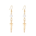 Gothic punk gold sword earrings featuring smooth white pearls and a dagger pendant - KC Gold Pearl Sword Style (WG-0412)